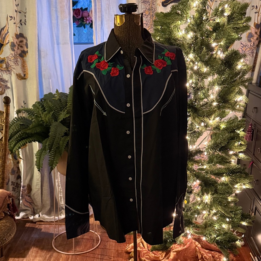 Black Western Shirt with Red Rose Embroidery